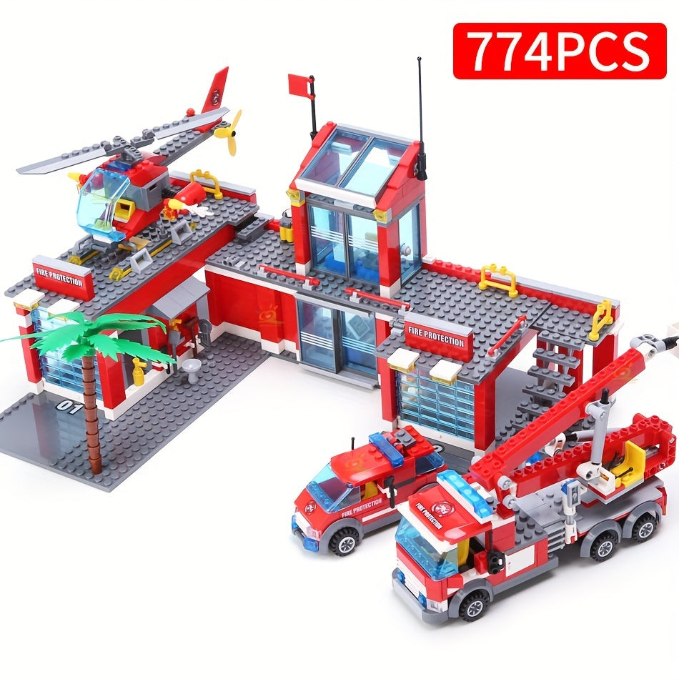 774pcs City Fire Station Building Blocks Firefighter Truck Helicopter Toys