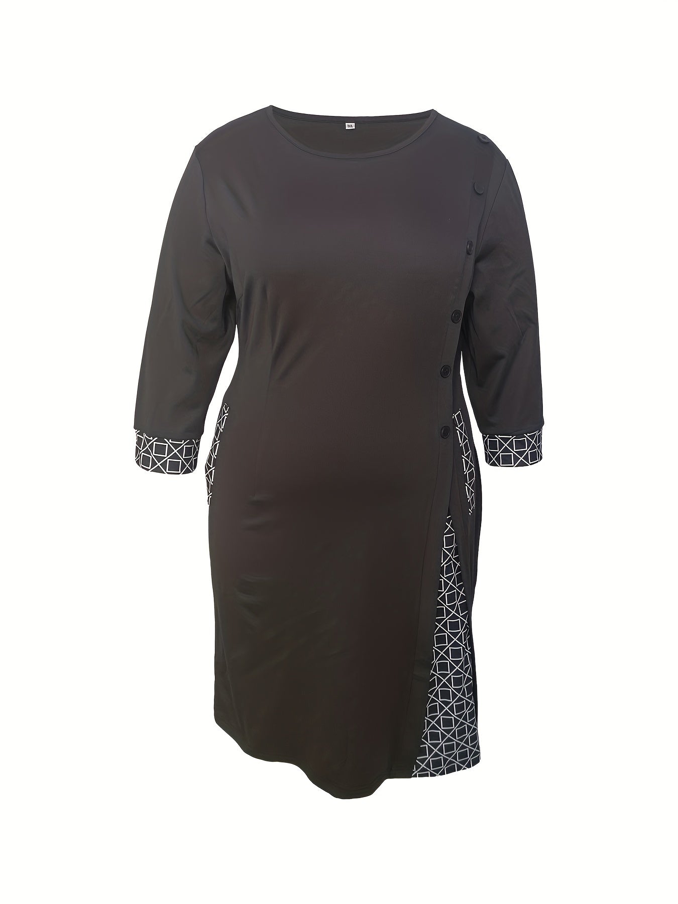  Geometric Print Colorblock Round Neck Dress