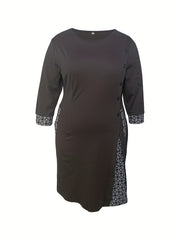  Geometric Print Colorblock Round Neck Dress