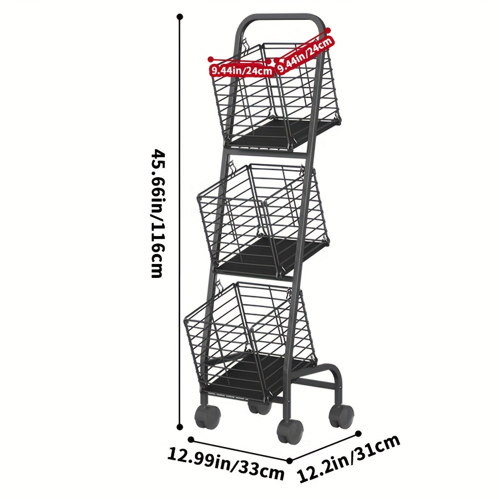 3 Tier Metal Market Basket with Wheels - Ideal for Fruits & Veggies