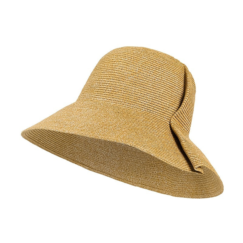 Khaki Wide Brim Bucket Hat Sunscreen Straw Lightweight Cap