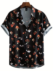 Men's Casual Mushroom Print Button Up Short Sleeve Shirt