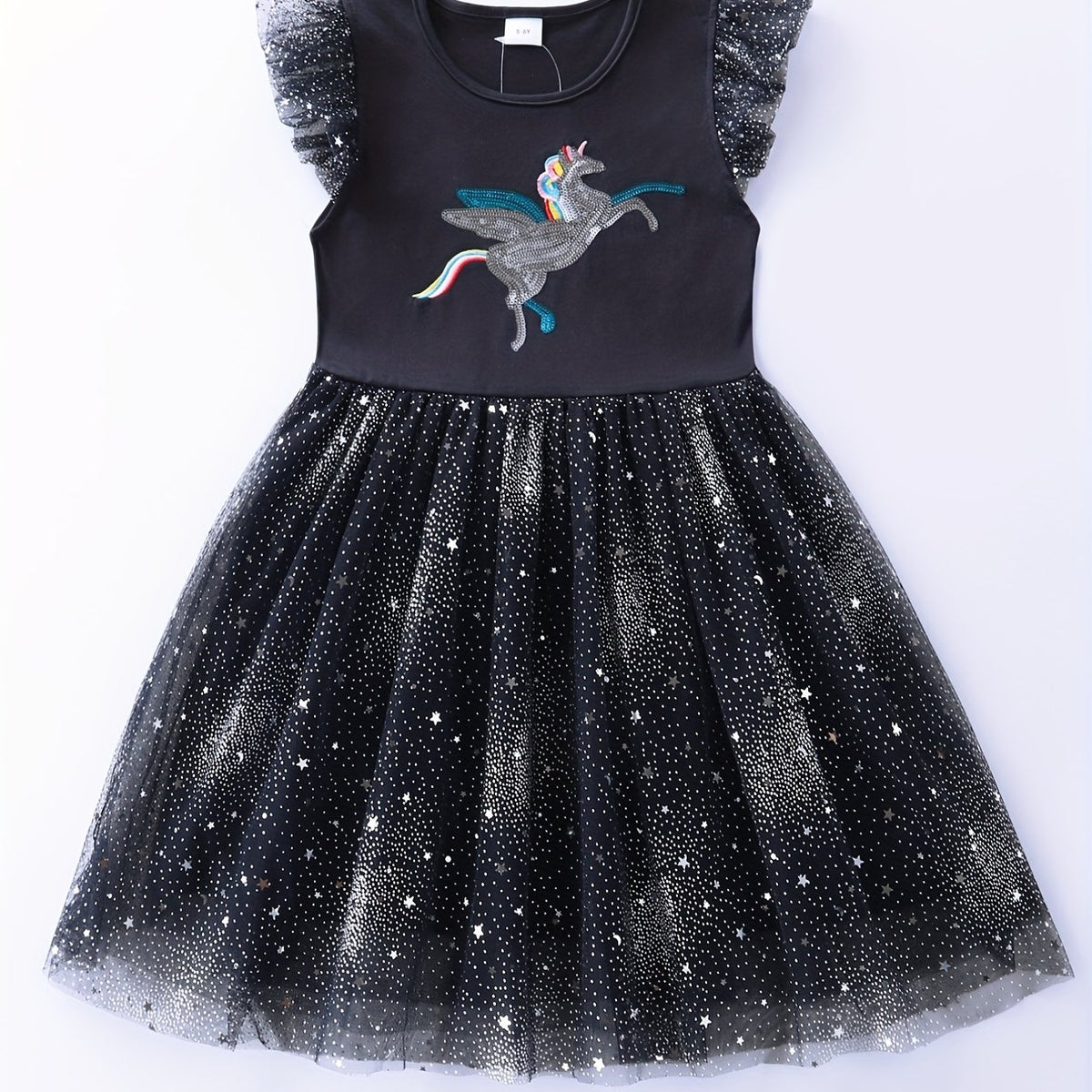 Toddler Girls Ruffle Trim Unicorn Embroidery Party Dress