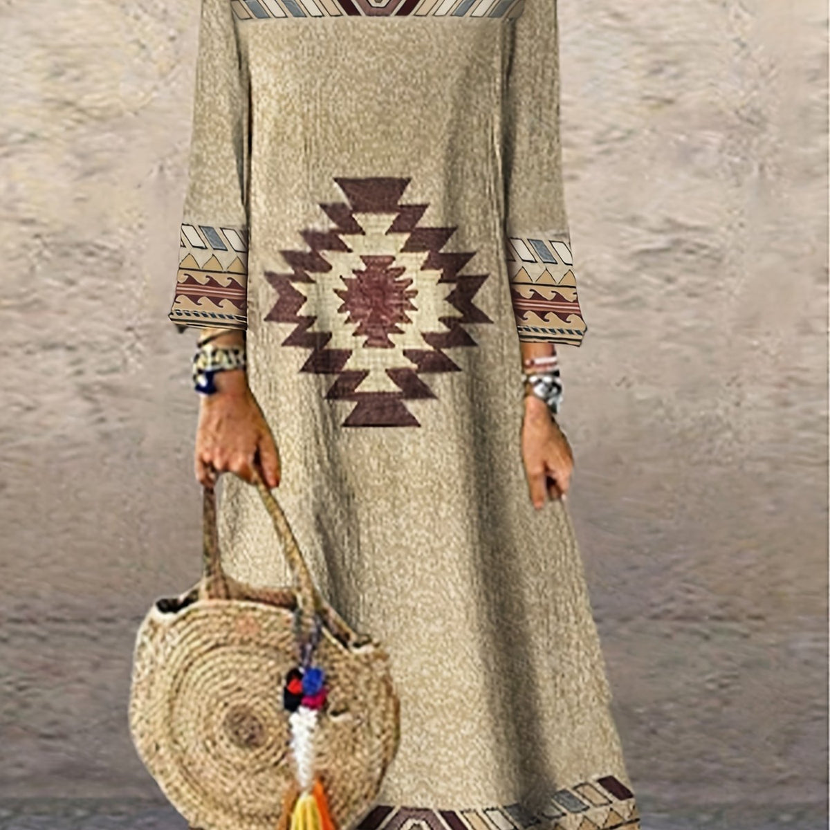  Southwest Print Long Sleeve Maxi Dress