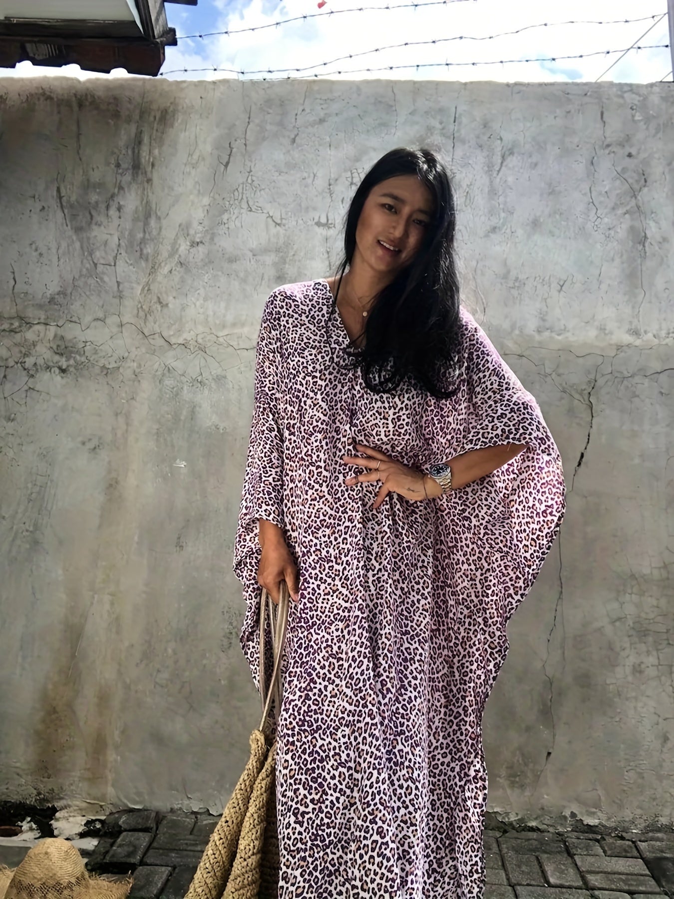  Boho Cover Up Women's Plus Leopard Print V Neck Split Maxi Kaftan
