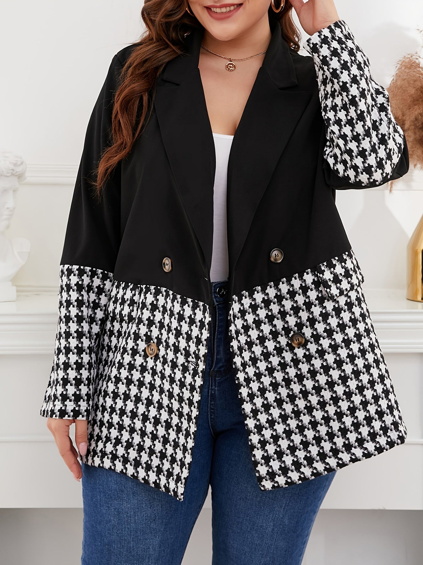  Houndstooth Lapel Collar Blazer Women's Plus Business Casual Blazer
