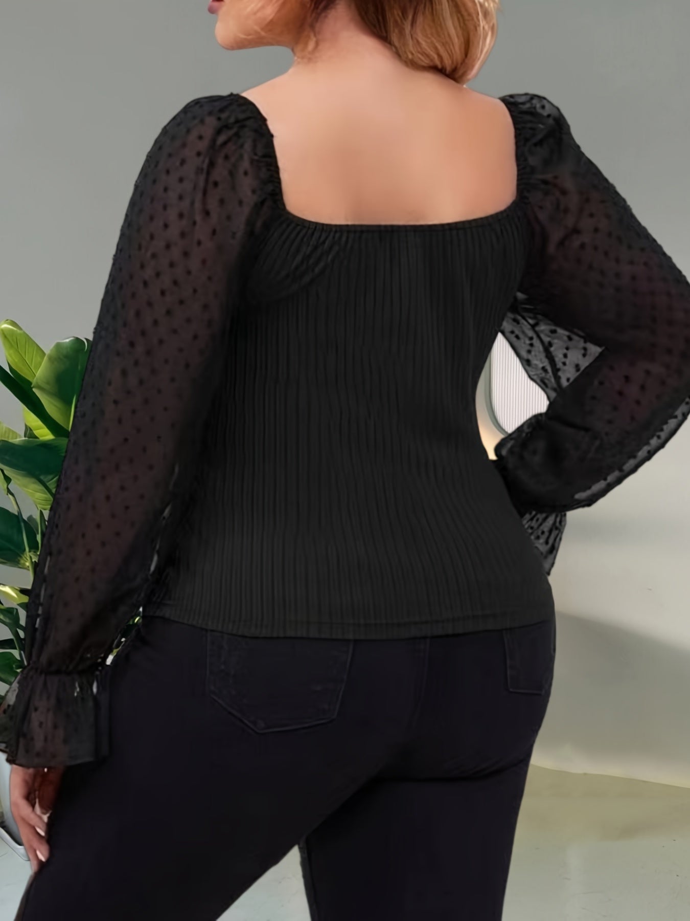  Casual Blouse Solid Dot Lantern Sleeve Top