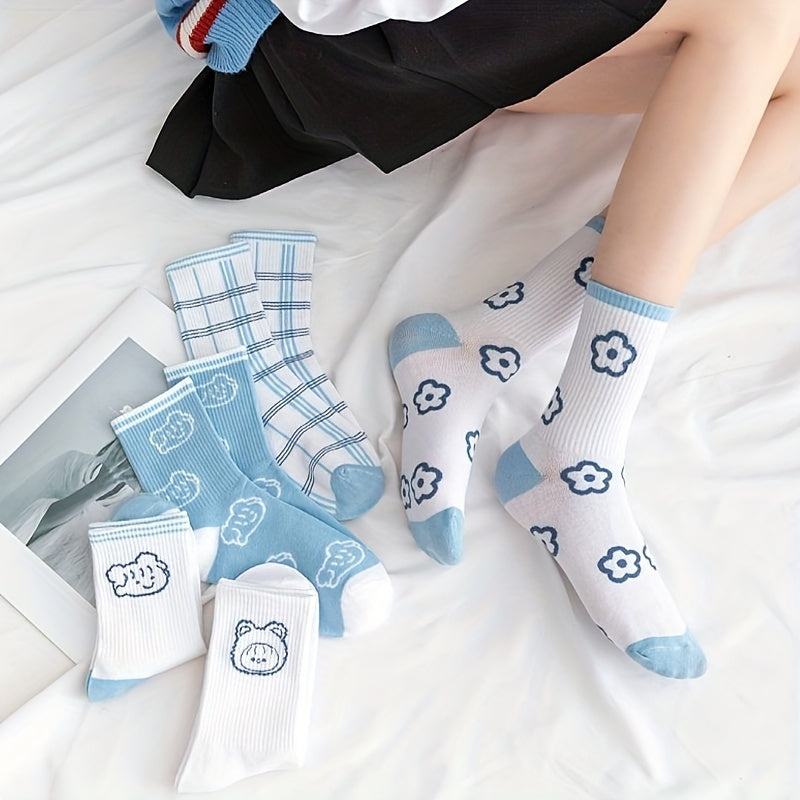 5 Pairs Cartoon & Plaid Print Socks Mid Tube Stockings Women's Hosiery