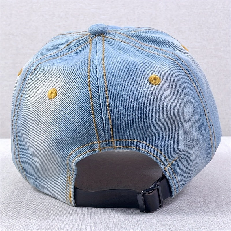 Eiffel Tower Baseball Cap Rhinestone Washed Distressed Denim Dad Hat
