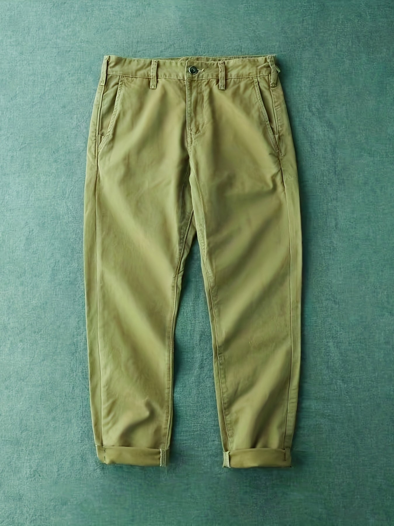 Men's Khaki Cotton Cuffed Slacks Vintage Style Slim Fit Dress Pants