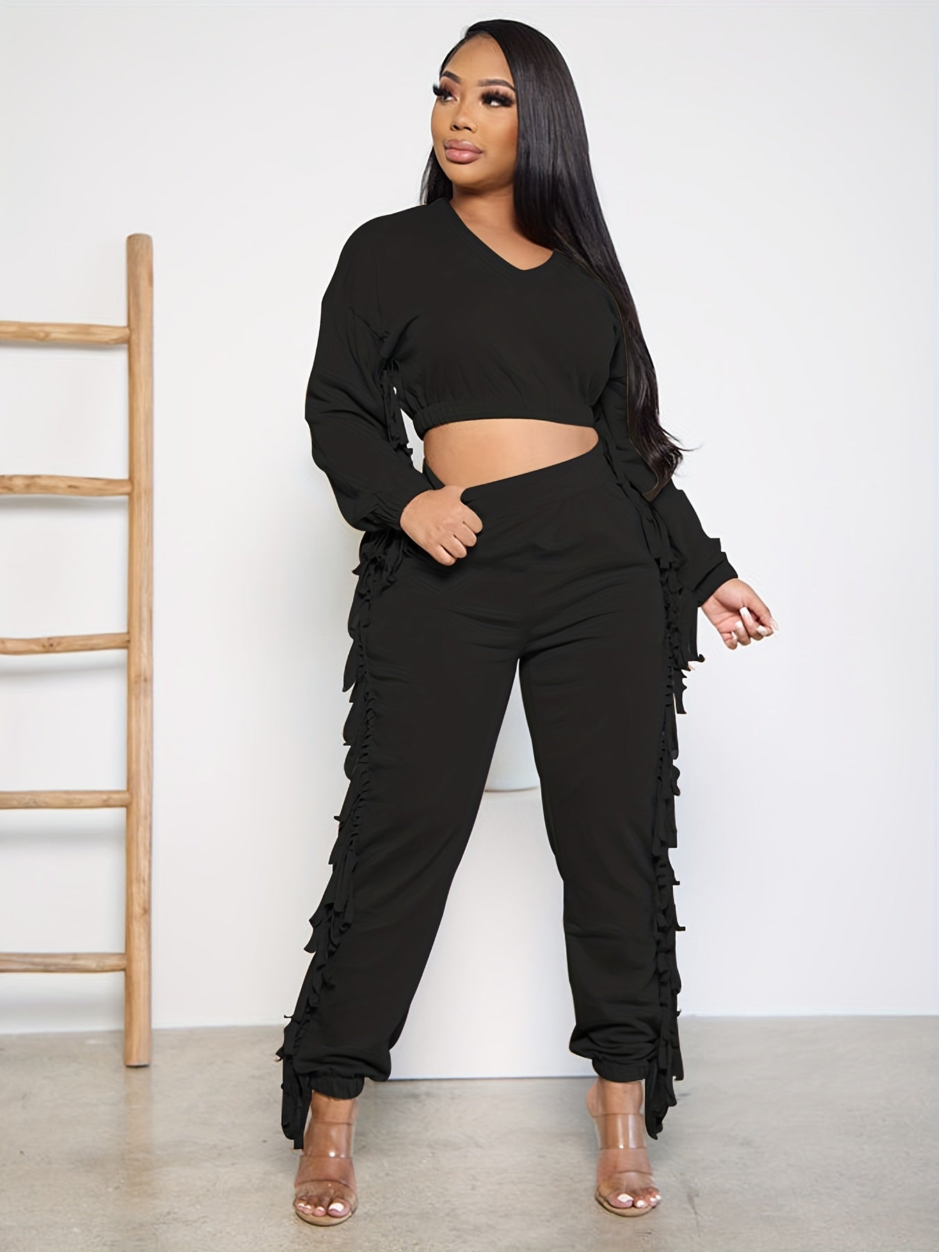  Solid V Neck Ruffle Trim Top & Pants Set