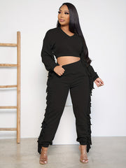  Solid V Neck Ruffle Trim Top & Pants Set