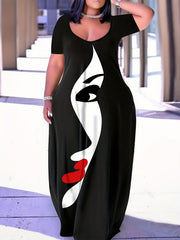  Colorblock Figure Print Maxi Tee Dress