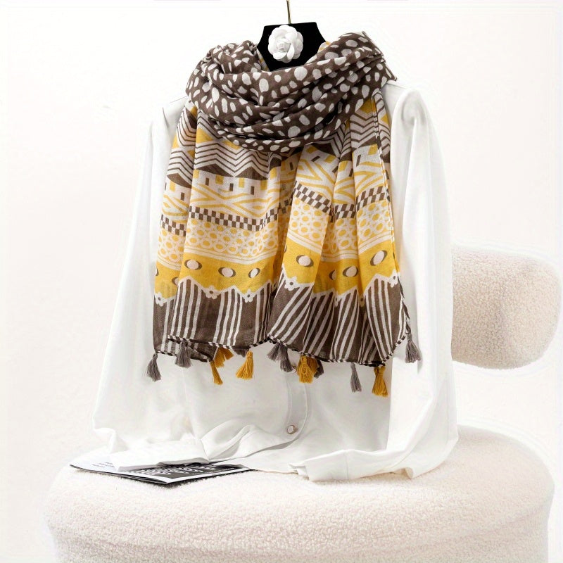 TWOSUN Boho Stripe Scarf Tassel Shawl Sunproof Turban