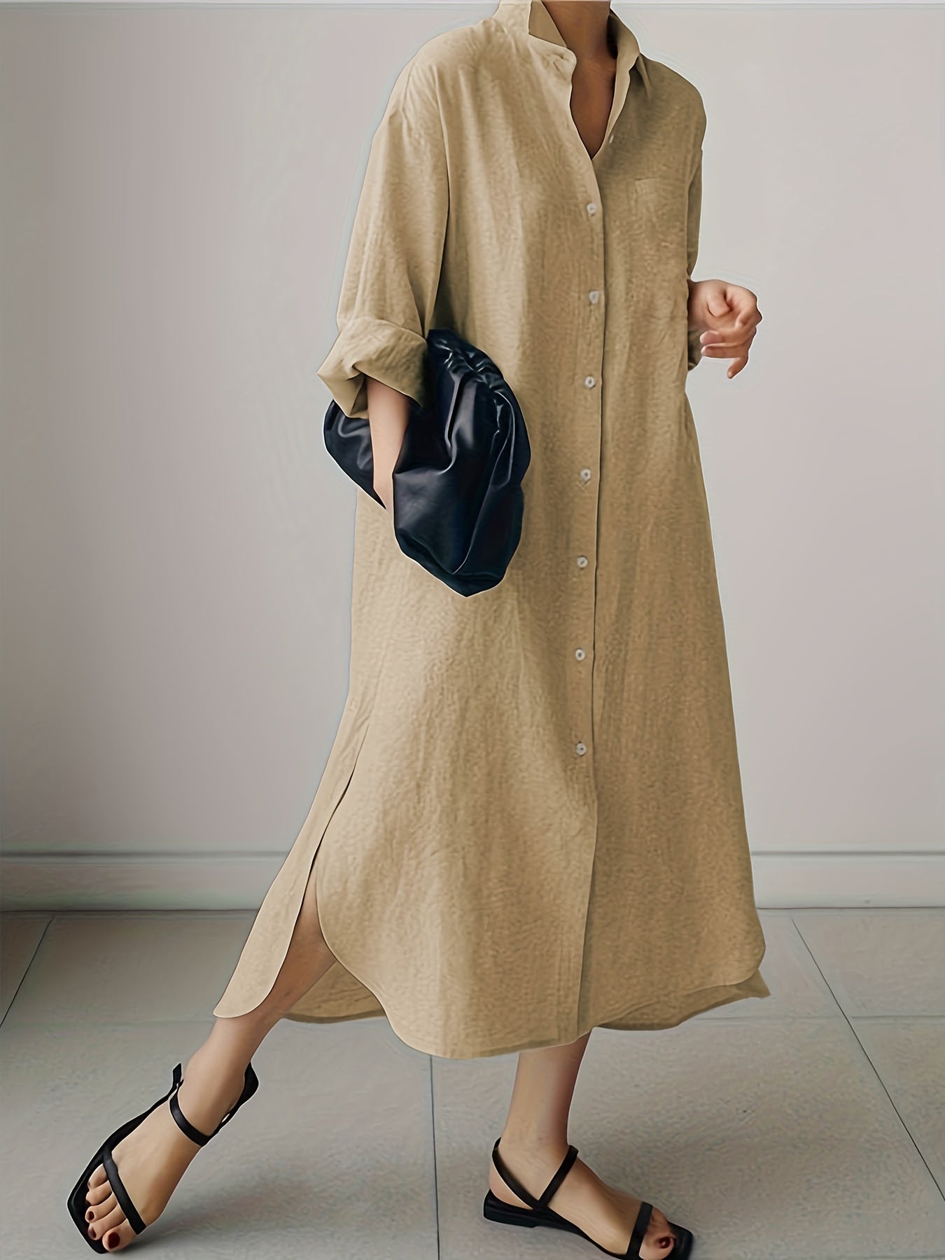  Button Up Long Sleeve Maxi Shirt Dress