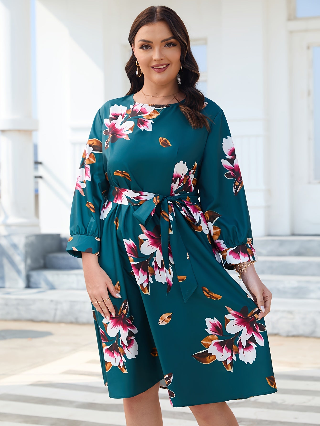  Floral Print Lantern Sleeve Dress