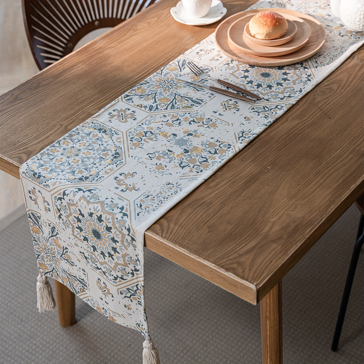 Polyester Table Runner Broken Floor Tile Pattern Tassels Printed Retro Table Cov