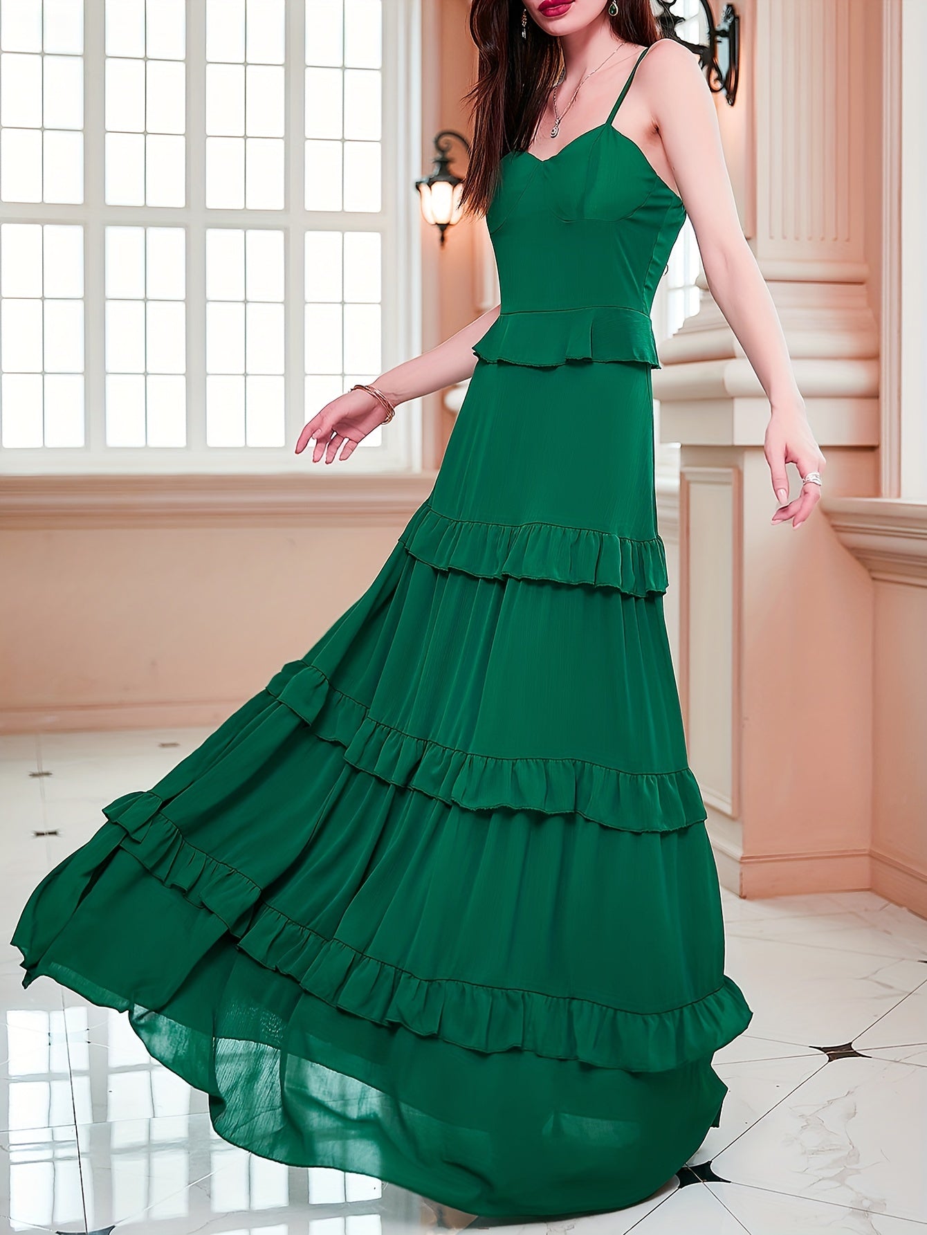  Women's V Neck Ruffle Trim Maxi Cami Dress