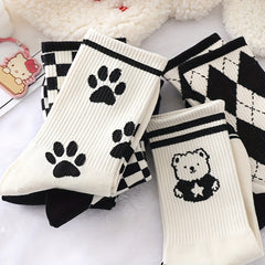10 Pairs Women's Bear & Plaid Print Mid Tube Socks