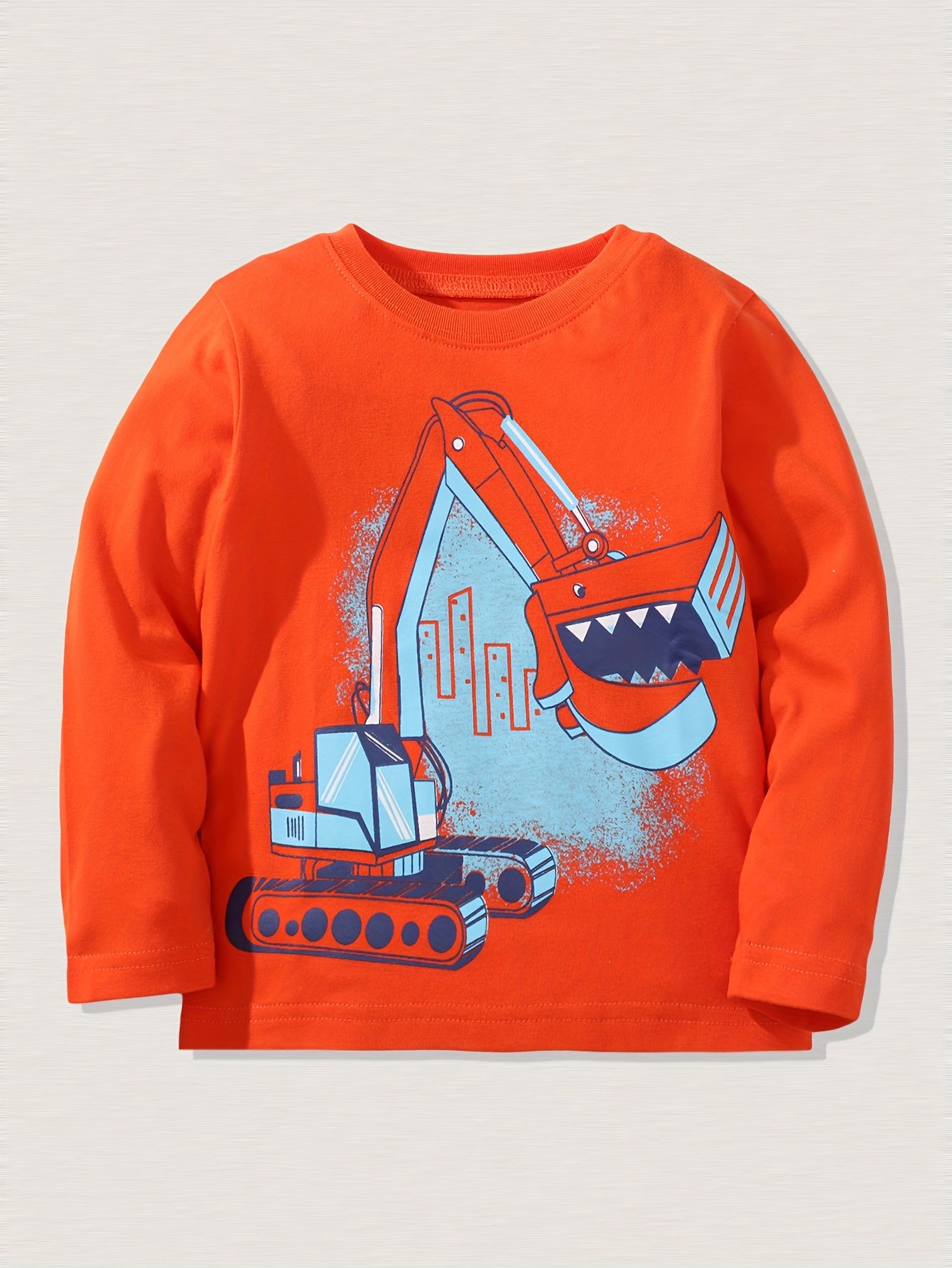 Excavator Print Kid's Cotton Pullover Long Sleeve Top