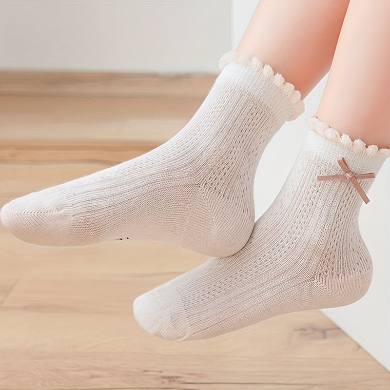 5Pairs Girls Mesh Thin Flower Pattern Bow Knitted Lace Crew Socks