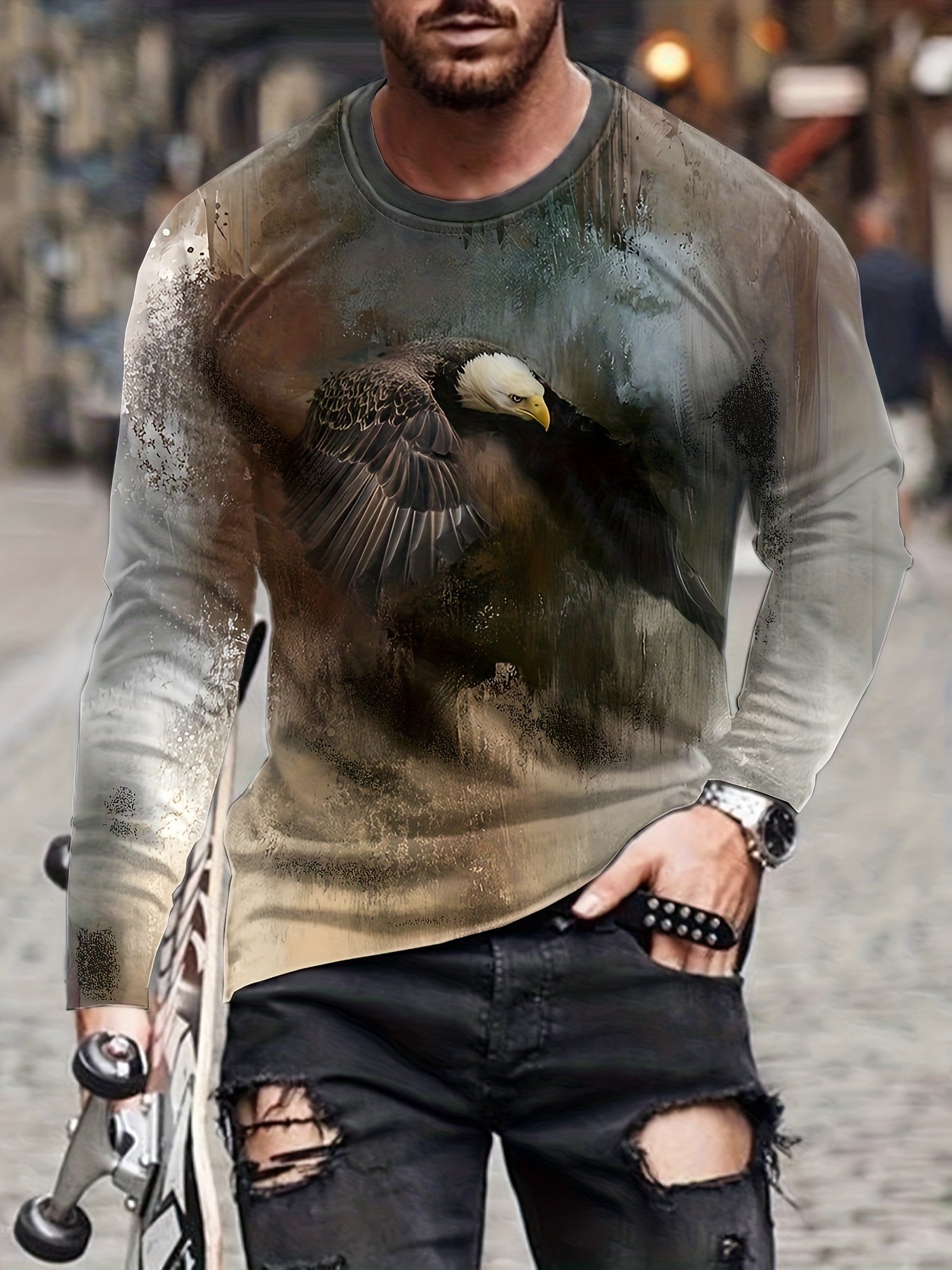Eagle 3D Print Men's Long Sleeve Vintage Tee Shirt for Autumn