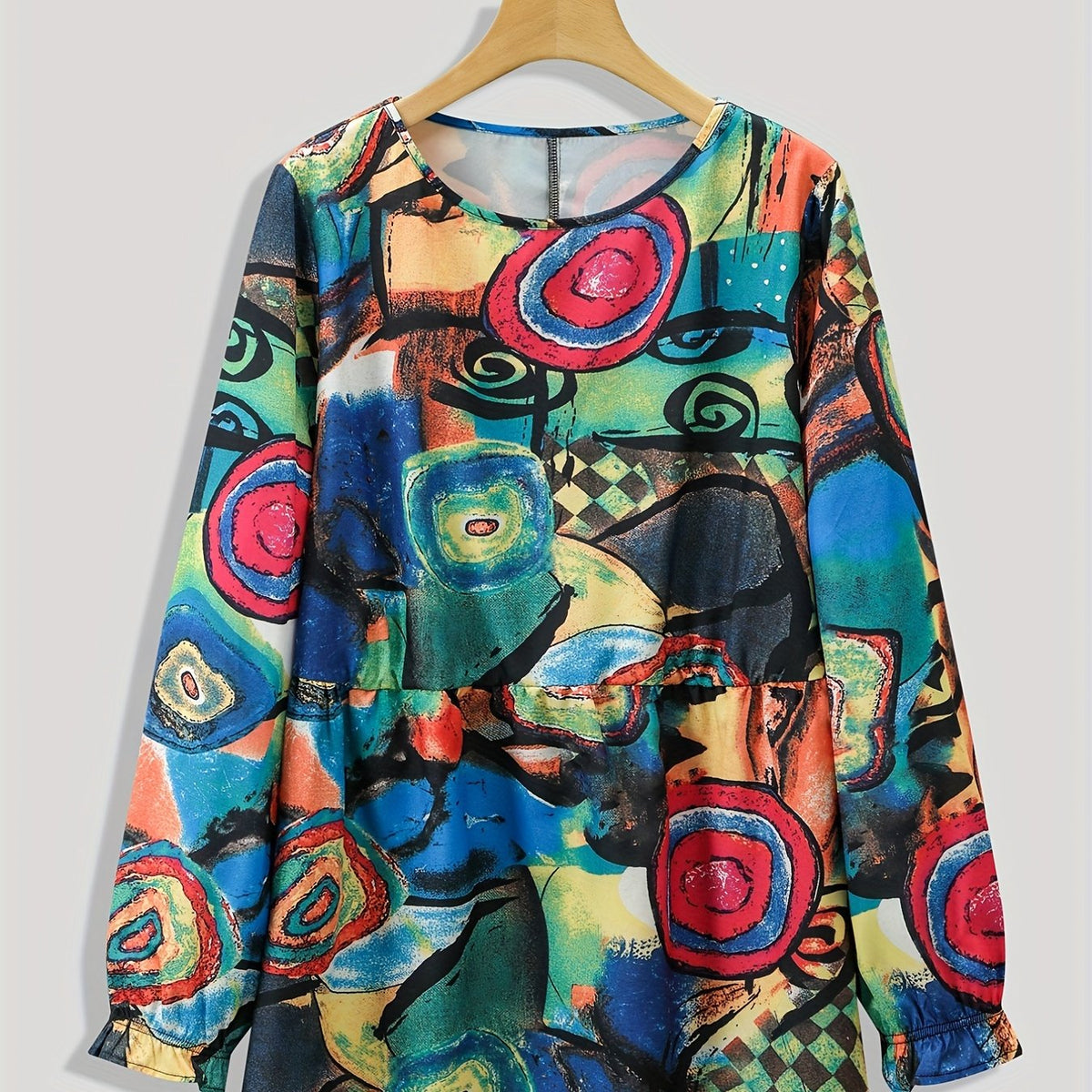  Abstract Print Long Sleeve Pleated Blouse