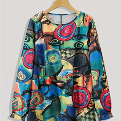  Abstract Print Long Sleeve Pleated Blouse