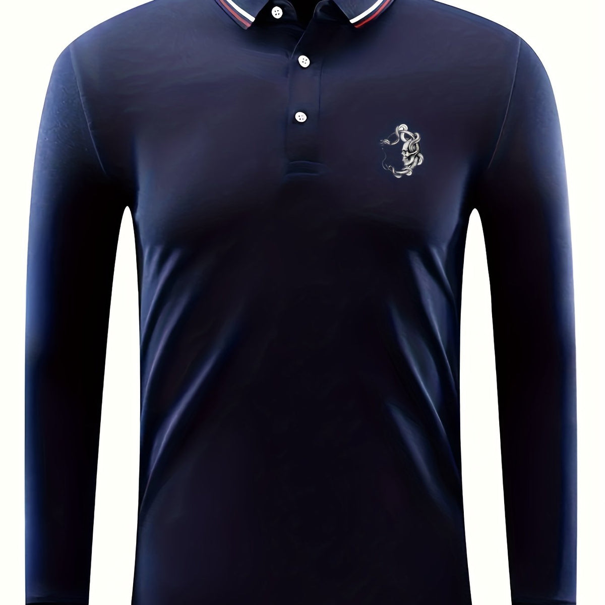 Skull Print Men's Long Sleeve Polo Shirt