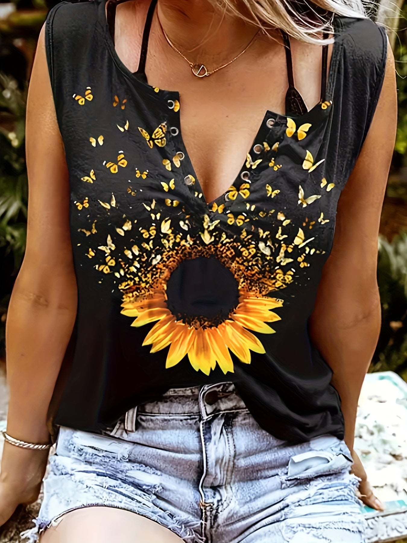  Butterfly Sunflower Print Tank Top