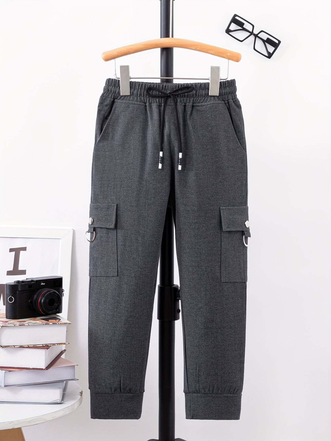 Boys Casual Solid Cargo Pants Elastic Waist Jogger Pants