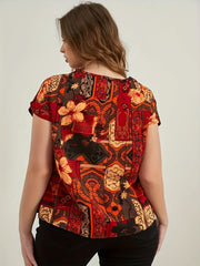  Boho Blouse Women's Plus Floral Print Short Sleeve Round Neck T