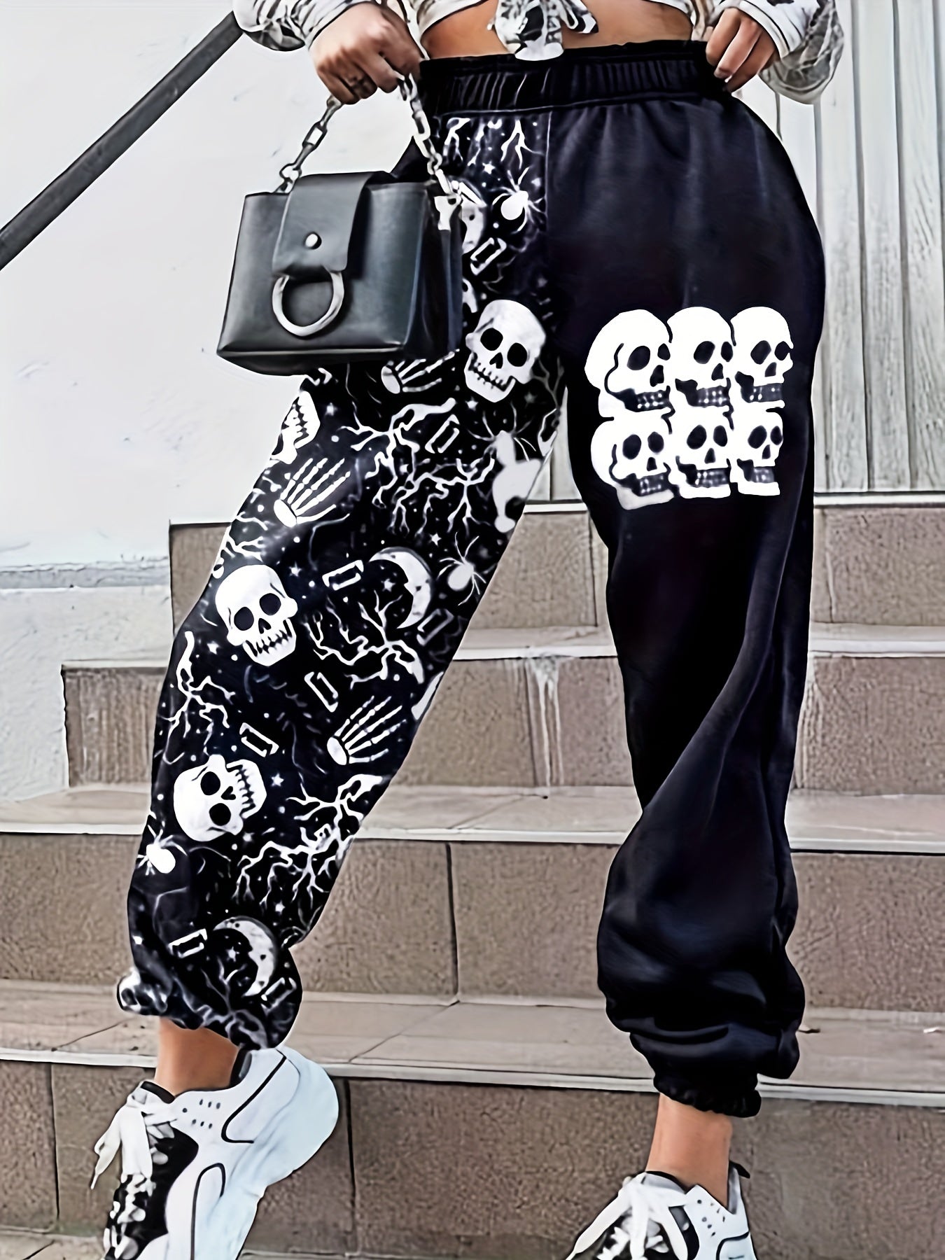 Skull Print Elastic Waist Jogger Pants Casual Loose Pants