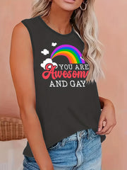 Plus Size LGBT Tank Top Rainbow Print Round Neck Stretch