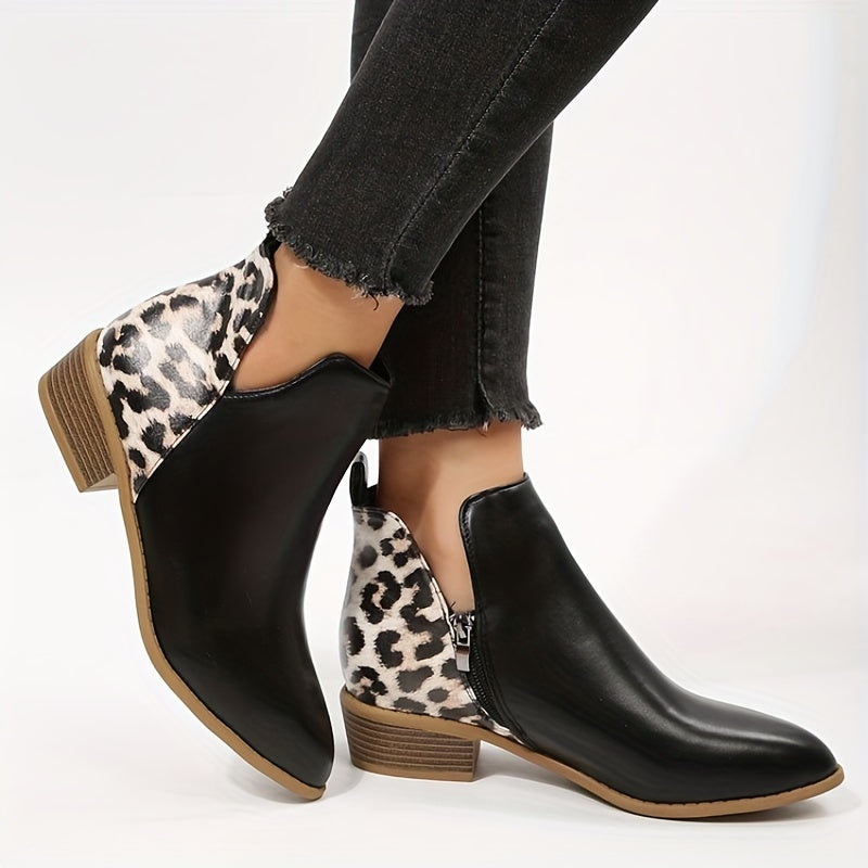 Leopard Print Ankle Boots Pointed Toe V Cut Stacked Heels Short Boots