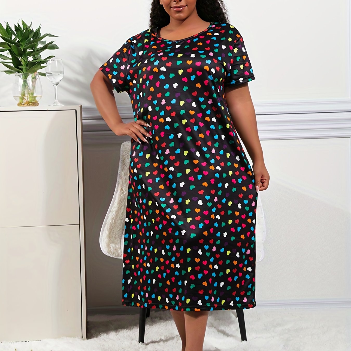  Colorful Heart Print Round Neck Stretch Nightdress