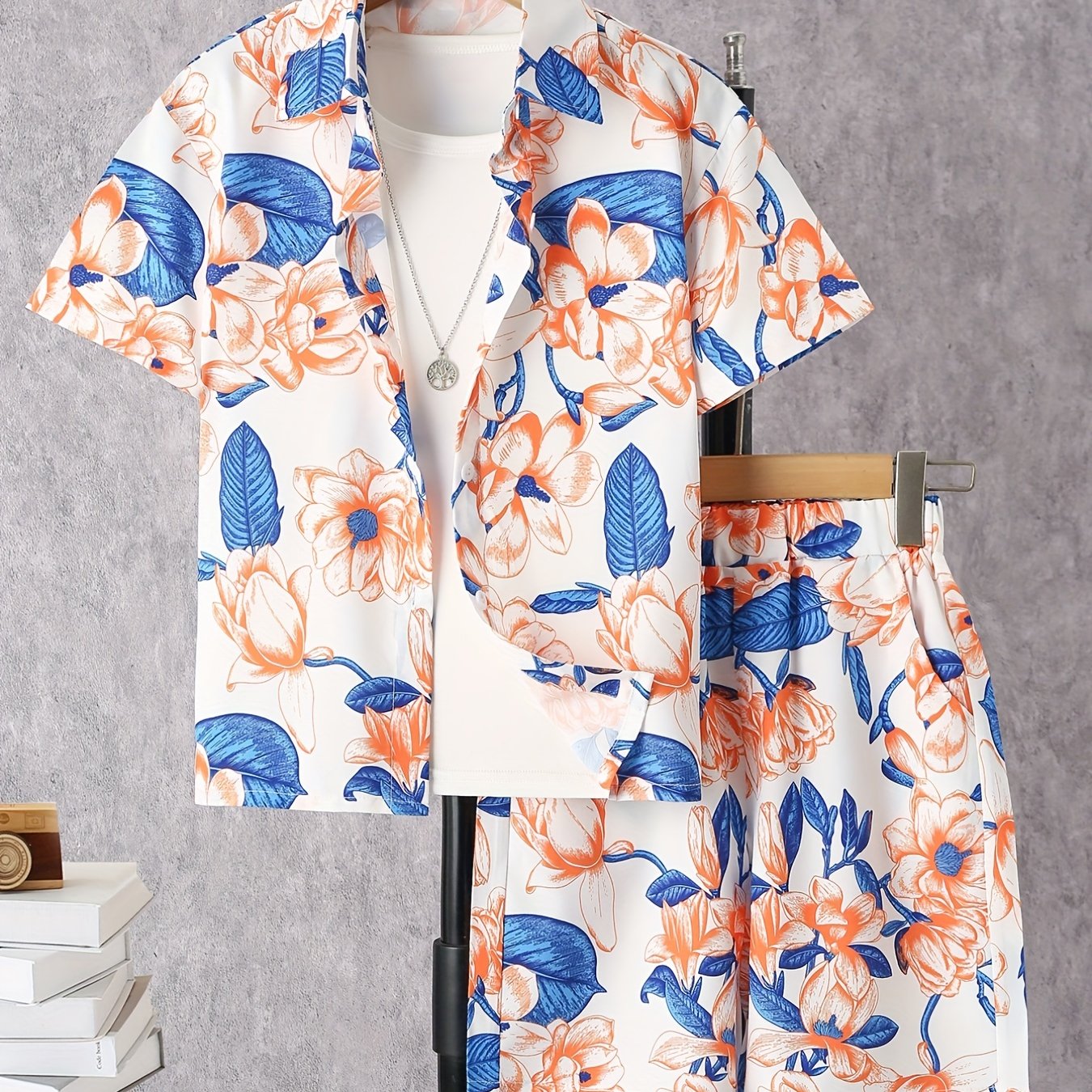 2pcs Boys Floral Print Short Sleeve Shirts & Shorts Set Summer Outfits