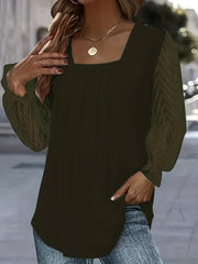  Solid Contrast Lace Lantern Sleeve Square Neck Top