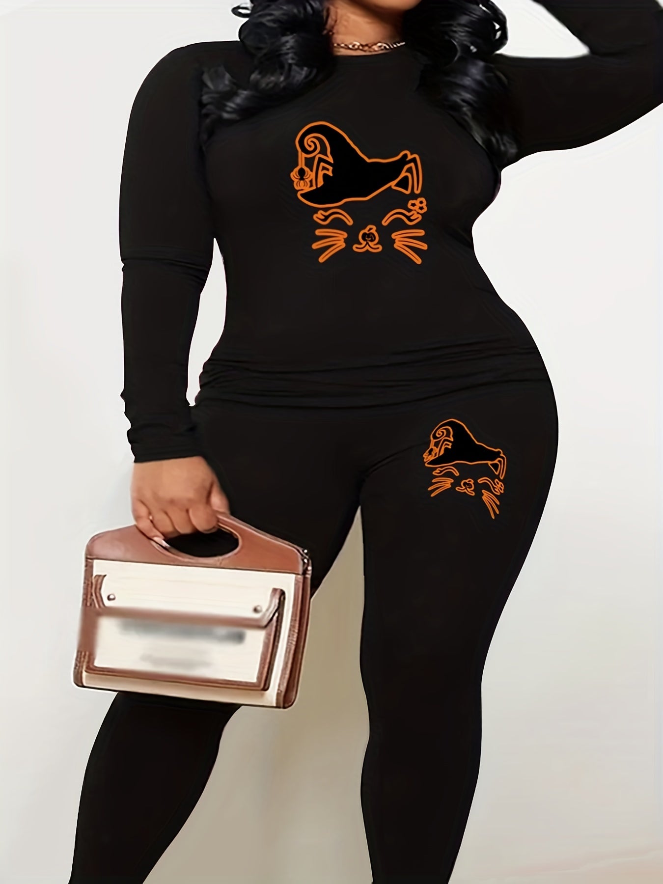  Halloween 2pcs Set Women's Plus Graphic Print Tee & Leggings Set
