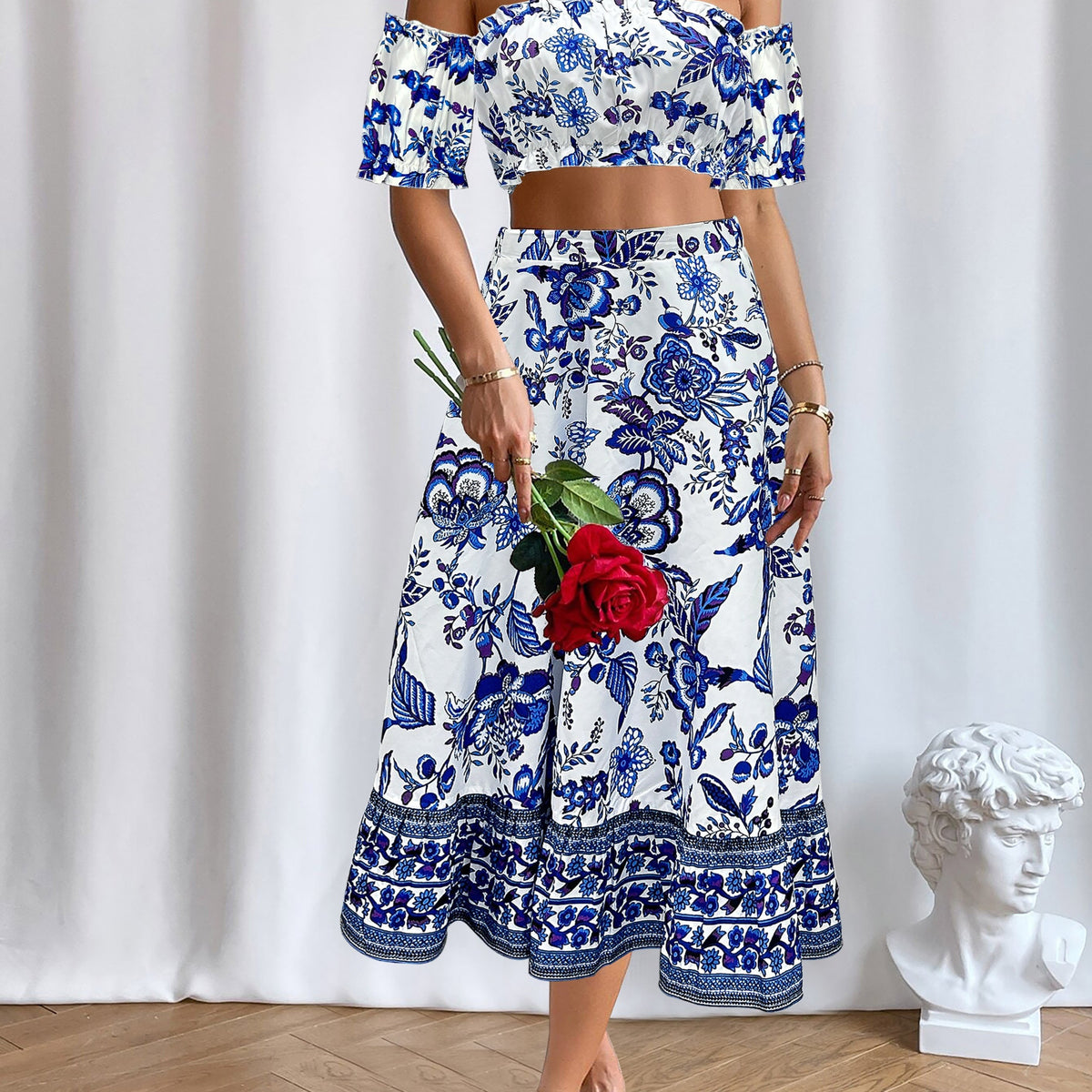  Floral Print Bubble Sleeve Off Shoulder Crop Top & Skirt Set