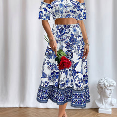  Floral Print Bubble Sleeve Off Shoulder Crop Top & Skirt Set