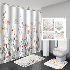 4pcs Floral Print Shower Curtain Set Waterproof and Mildew Proof