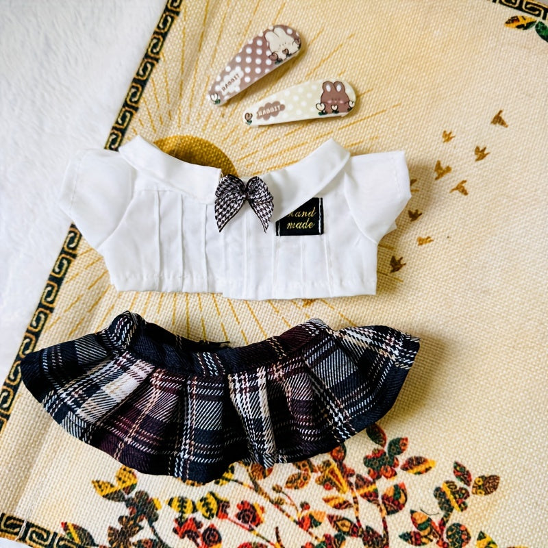 Plush Doll Preppy Style Plaid Clothes Set