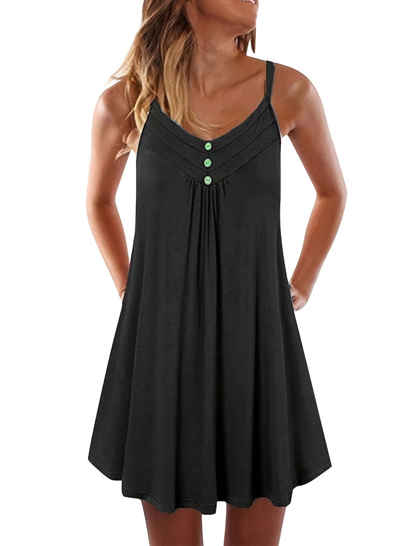  Solid Button V Neck Ruched Cami Dress
