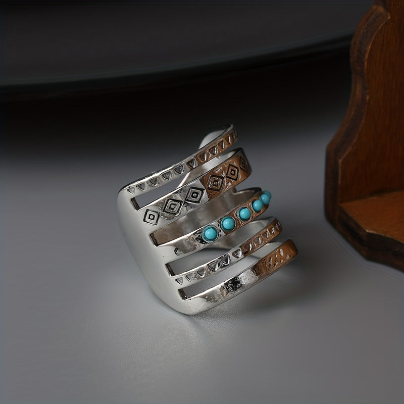 Vintage Wide Ring 925 Silver Plated Turquoise Inlaid Hollow Design