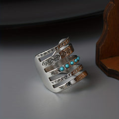 Vintage Wide Ring 925 Silver Plated Turquoise Inlaid Hollow Design