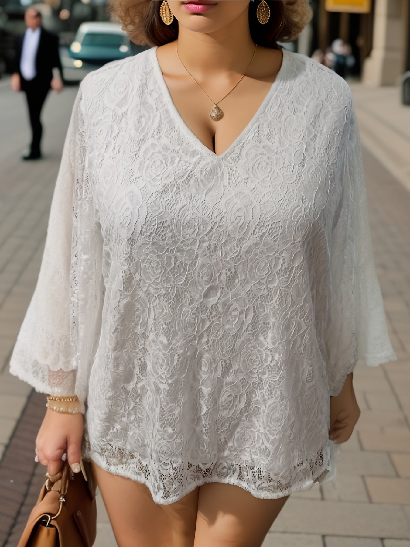  Solid Lace Lantern Sleeve V Neck Top