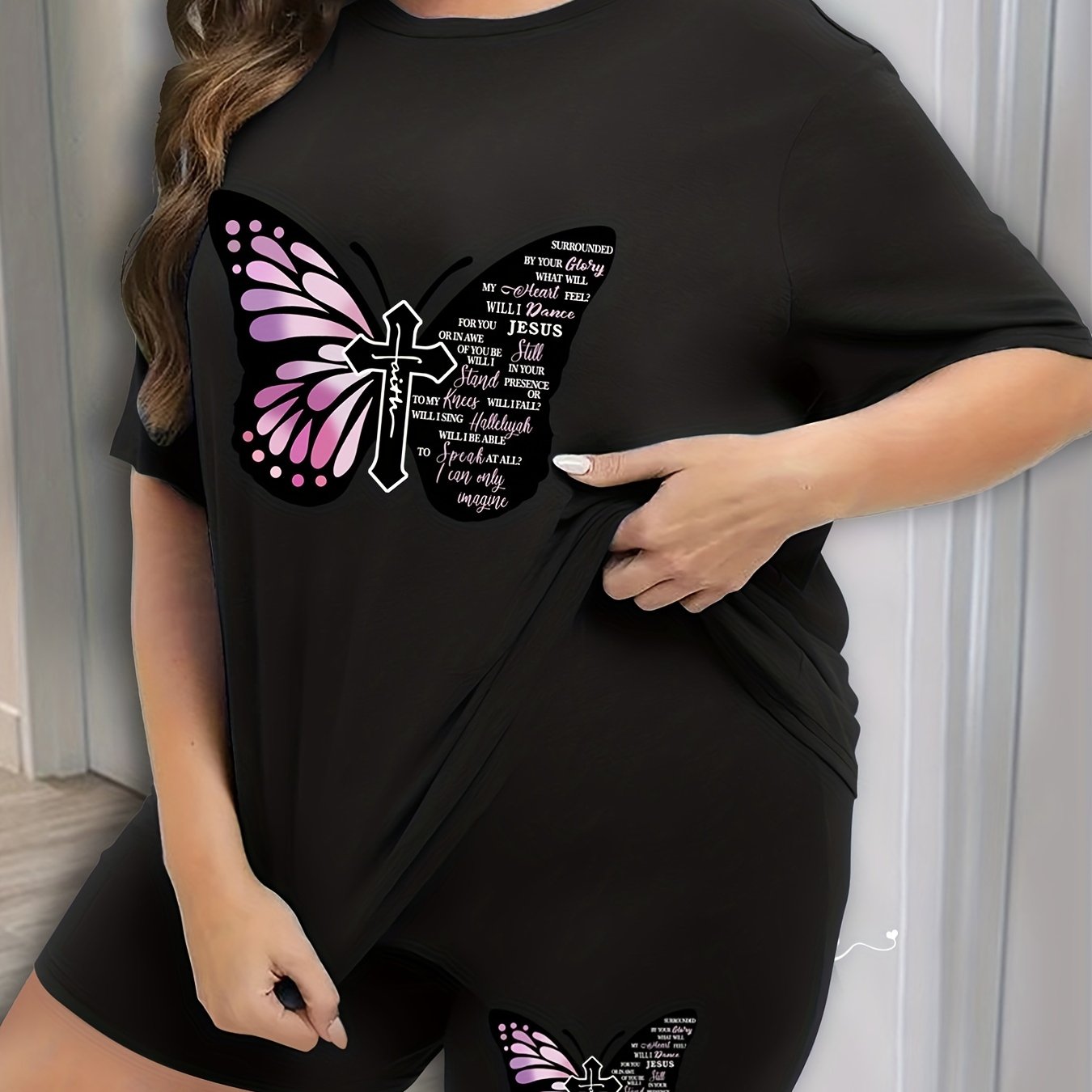  Butterfly Print Pajama Set Short Sleeve Tee & Shorts