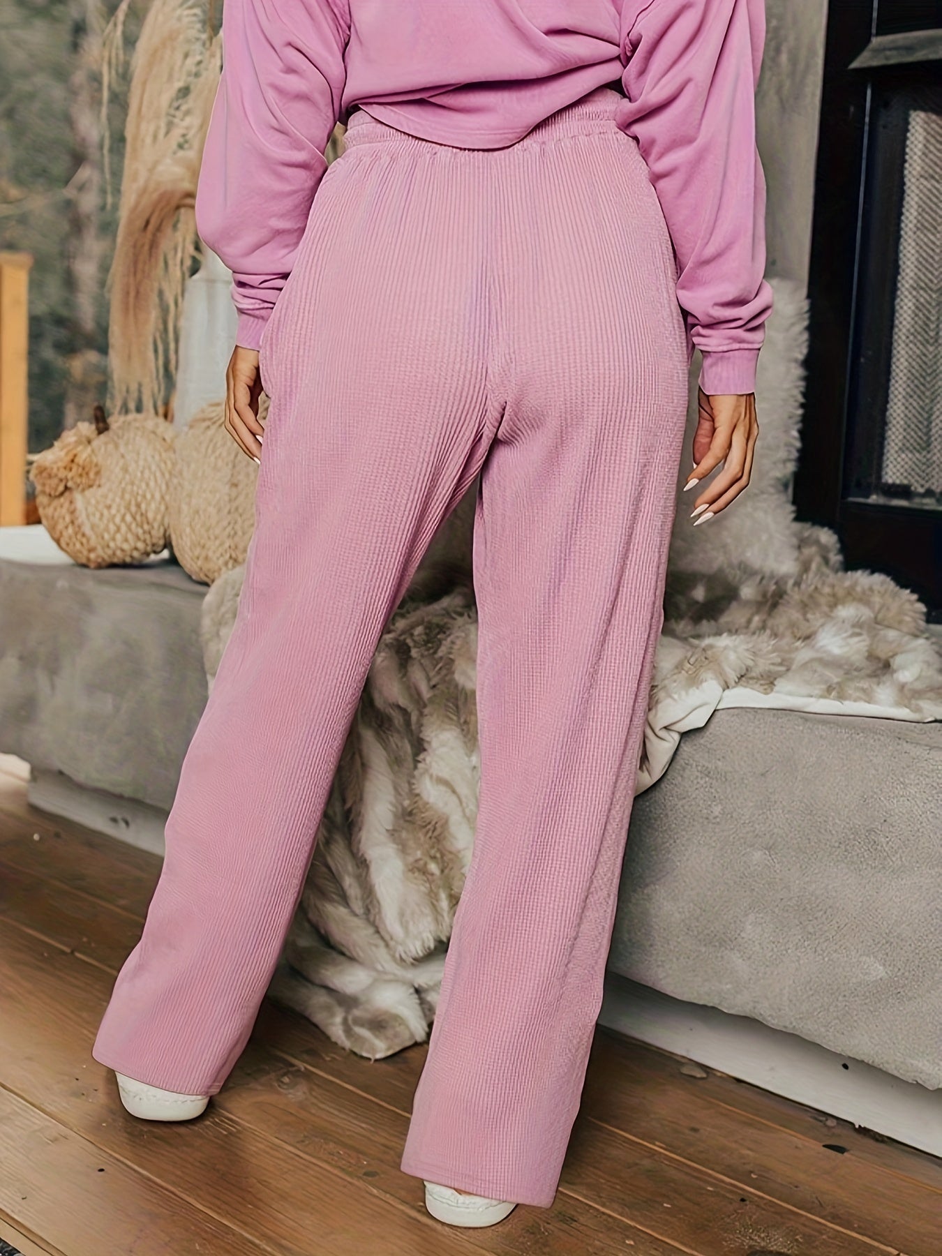  Solid Waffle Wide Leg Trousers