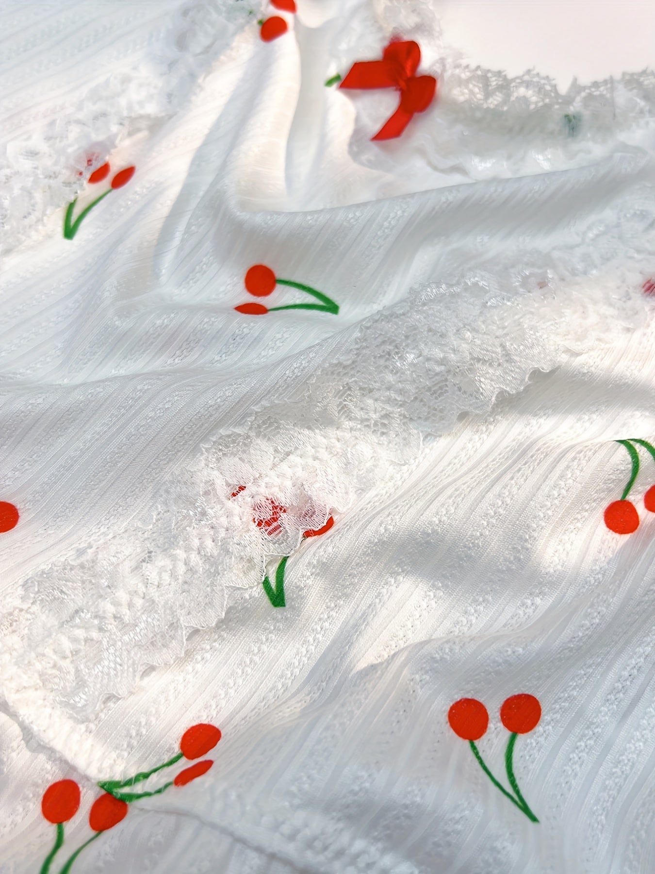 Cherry Print Pajama Set Lace Trim Cami Top & Ruffle Shorts